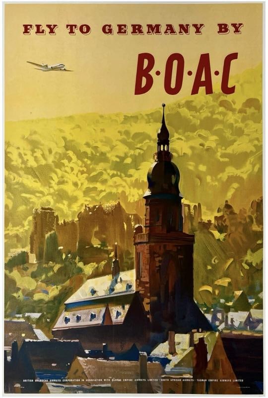 Original Vintage Poster FLY TO GERMANY BY BOAC Airline Travel Tourism LINEN: Dimensions: 20 x 30.2 in. / 50.8 x 76.7 cm.; Circa: 1950s Original vintage "FLY TO GERMANY BY BOAC" airline travel poster, designed by artist FRANK WOOTTON, and printed in Great Britain circa 1950s.