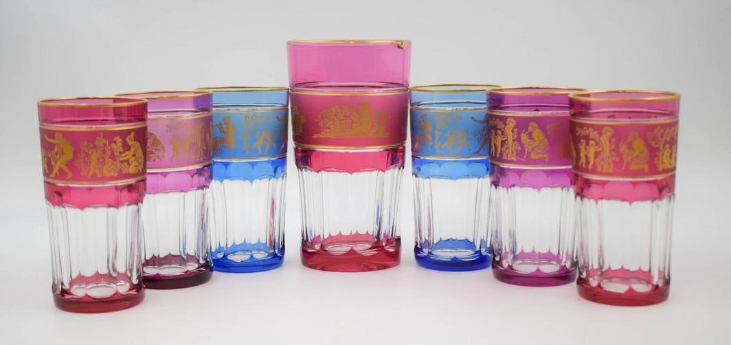 Val St. Lambert Set of 6 Multi Color Tumblers and Cocktail Pitcher: Brand: Val Saint Lambert,Type: Tumblers & Pitcher,Color: Clear,Material: Glass,Vintage: Yes