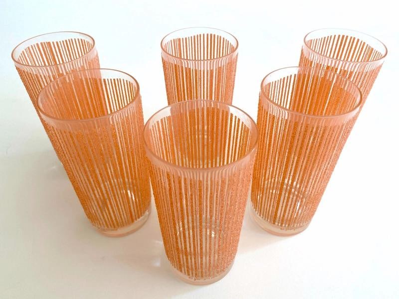 MID CENTURY MODERN GEORGES BRIARD PINK FROSTED TEXTURE STRIPE TUMBLER GLASSES 6P - 3