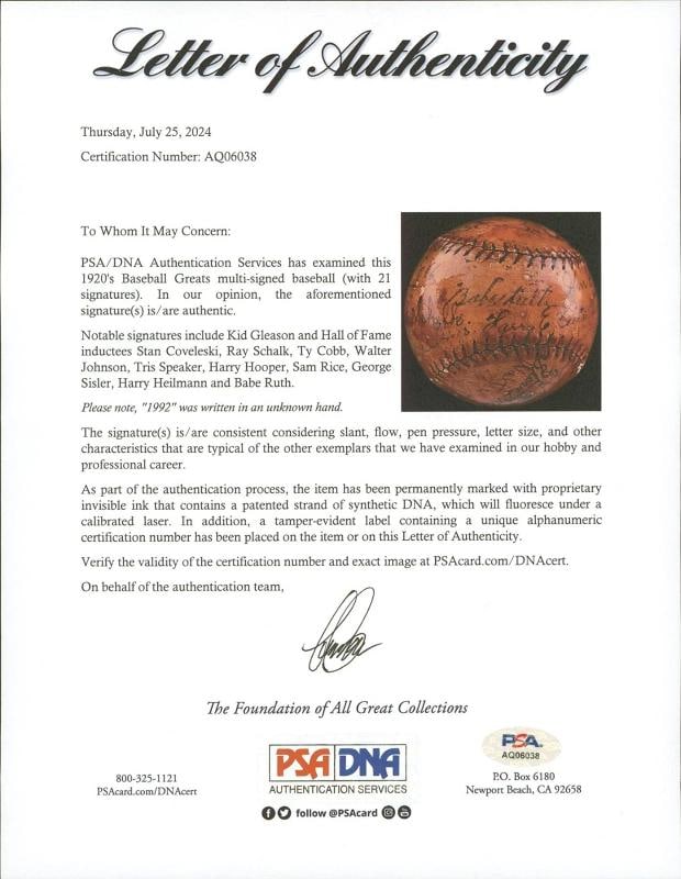Babe Ruth Ty Cobb Walter Johnson HOF Signed 1922 American League Baseball PSA - 8