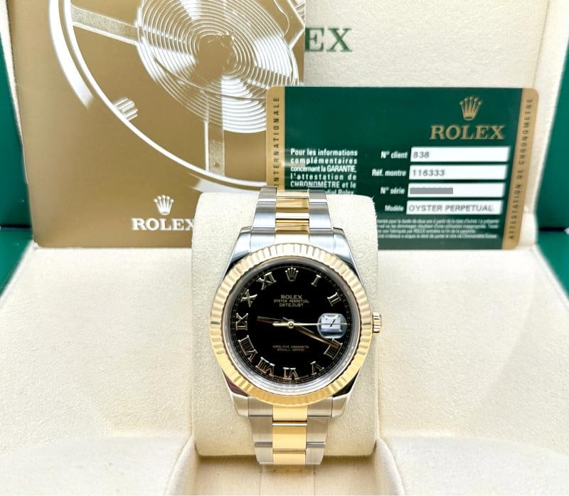 Rolex Datejust II 116333 41mm Black Roman Dial 18K Yellow Gold Steel Box Paper: Condition: Pre-owned - Excellent,Bezel Color: Gold, Yellow,Indices: Roman Numerals,Year Manufactured: 2010-2019,Band/Strap: Rolex Oyster,Case Color: Silver,Department: Men,Bezel Type: Fluted,Watch