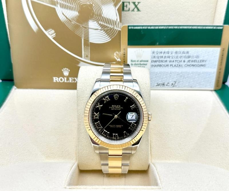 Rolex Datejust II 116333 41mm Black Roman Dial 18K Yellow Gold Steel Box Paper - 3