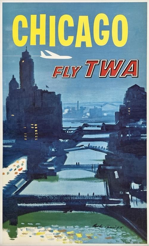 Original Vintage Poster CHICAGO FLY TWA Airline Travel Tourism LINEN: Dimensions: 24.2 x 40.4 in. / 61.5 x 102.5 cm.; Circa: 1960s Original vintage "CHICAGO - FLY TWA" airline travel poster, plate signed by its artist, AUSTIN BRIGGS, and printed circa 1960s.