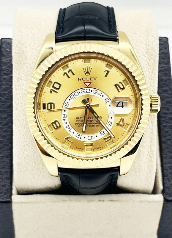 Rolex Sky Dweller 326138 Champagne Dial 18K Yellow Gold Leather Strap Box Paper - 2