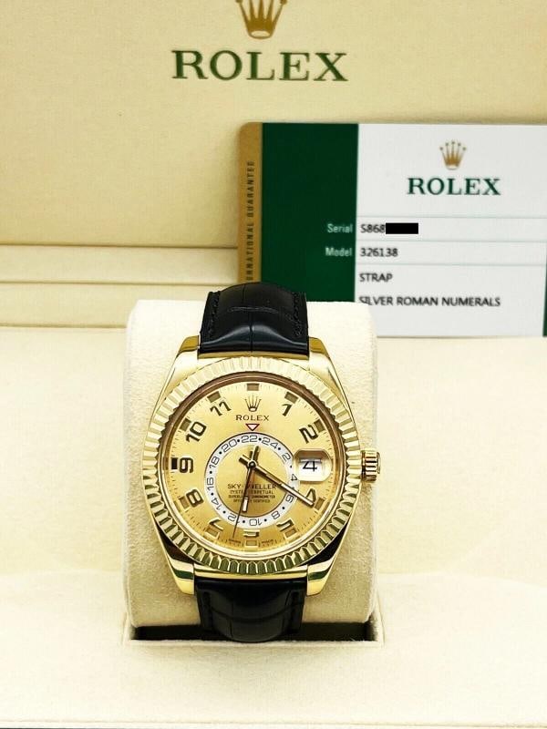 Rolex Sky Dweller 326138 Champagne Dial 18K Yellow Gold Leather Strap Box Paper - 5