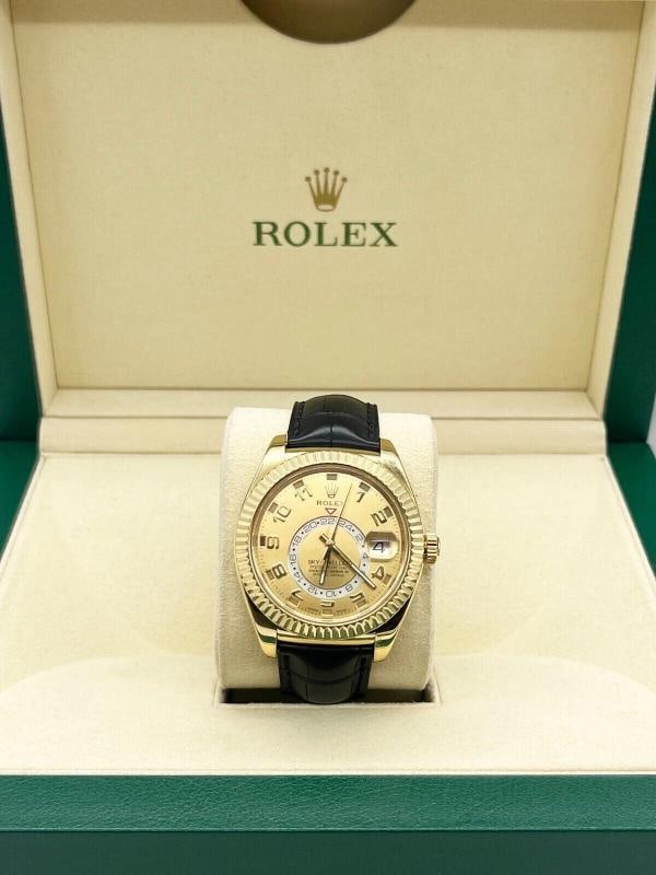 Rolex Sky Dweller 326138 Champagne Dial 18K Yellow Gold Leather Strap Box Paper - 8