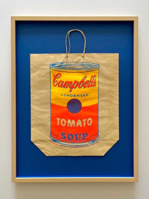 ANDY WARHOL RARE 1966 MCM SOUP CAN SILKSCREEN PRINT FRAMED POP ART SHOPPING BAG: THIS ANDY WARHOL VERY RARE VINTAGE 1966 MID CENTURY MODERN " CAMPBELL'S TOMATO SOUP CAN " SILKSCREEN PRINT CUSTOM FRAMED POP ART EXHIBITION SHOPPING BAG IS AN INCREDIBLY SPECIAL AND UNIQUE PIECE TO AD