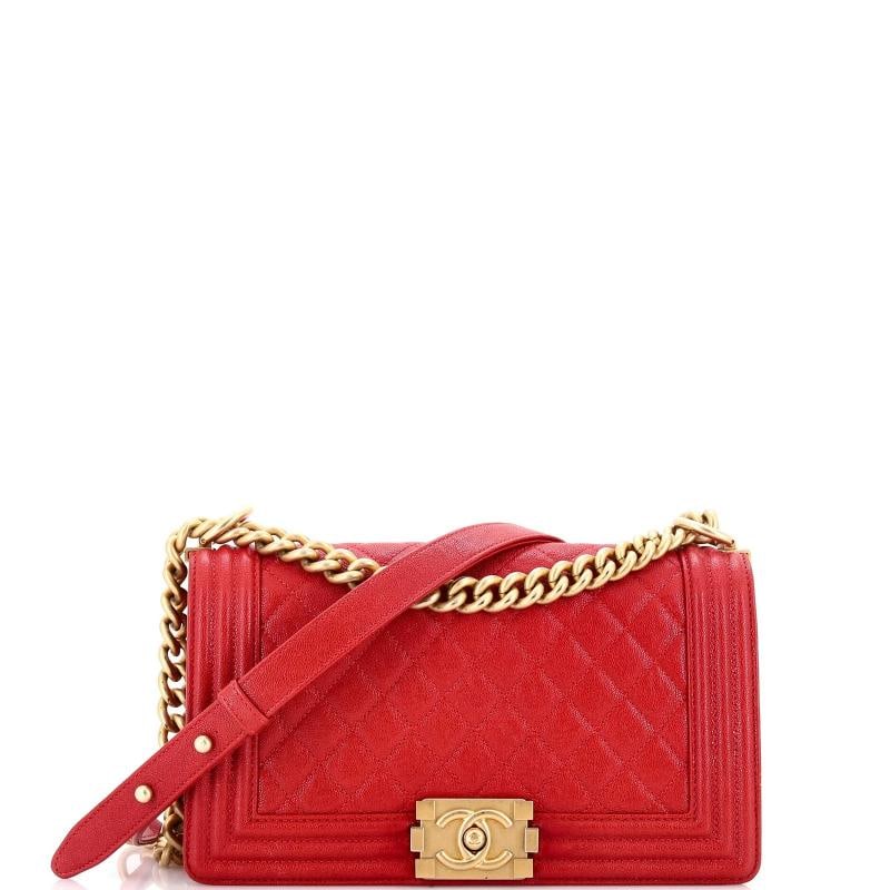 Chanel Boy Flap Bag Quilted Caviar Old Medium: Condition: Pre-owned - Good,Brand: Chanel,Exterior Material: Leather,Style: Cross Body Bags,Exterior Color: Red,Department: Women,Size: Old Medium,Accessories: Authenticity Card, Dust Bag