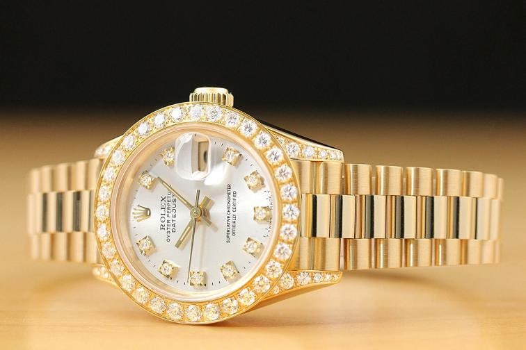 ROLEX LADIES PRESIDENT 69178 FACTORY DIAMOND DIAL 18K YELLOW GOLD SILVER WATCH - 2