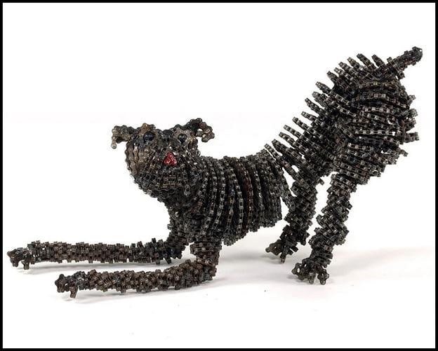 Nirit Levav Original Bronze Sculpture Hand Signed Dog Bicycle Parts Recycled Art: an original and large Nirit Levav Sculpture titled "Chika Life-Size Original". The sculpture is of impressive craftsmanship and size, measuring approximately 16" x 10" x 28"