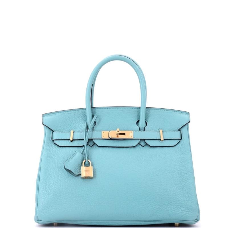 Hermes Birkin Handbag Blue Clemence with Gold Hardware 30: Condition: Pre-owned - Excellent,Brand: Hermes,Exterior Material: Leather,Style: Top Handle,Exterior Color: Blue,Department: Women,Size: 30,Accessories: Clochette, Lock, Keys, Dust Bag Condition: