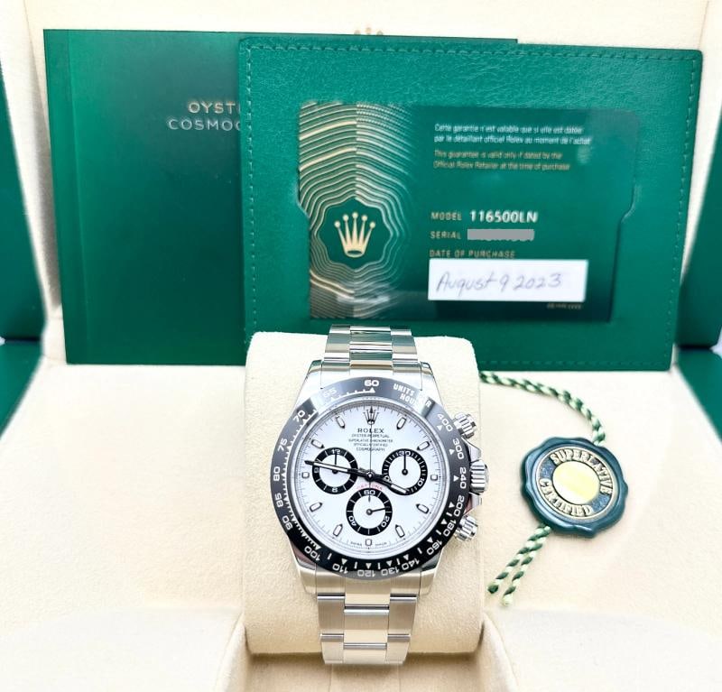 2023 Rolex Daytona PANDA 116500LN 40mm White Dial Ceramic Bezel Steel Box Paper: Condition: Pre-owned - Excellent,Bezel Color: Black,Year Manufactured: 2020-Now,Band/Strap: Rolex Oyster,Case Color: Silver,Department: Men,Manufacturer Warranty: 5 Years,Watch Shape: Round,Style: