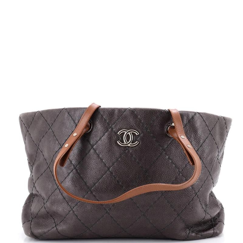 Chanel On The Road Tote Quilted Leather Large: Condition: Pre-owned - Good,Brand: Chanel,Exterior Material: Leather,Style: Totes,Exterior Color: Gray,Department: Women,Size: Large