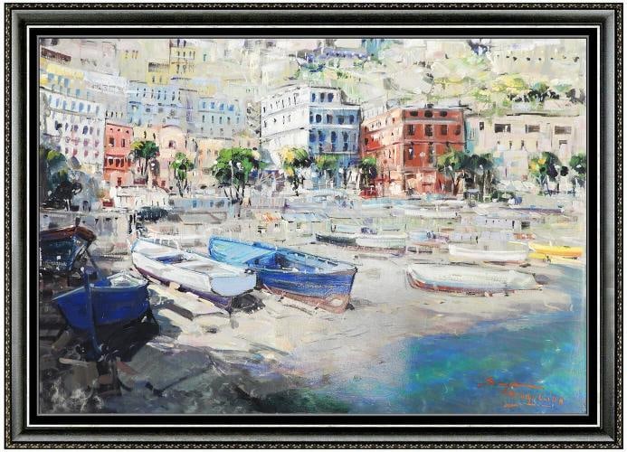 Mario Sanzone Original Oil Painting On Canvas Signed Italian Landscape Artwork: measuring approximately 20" x 28" and 28" x 36" with its museum quality frame, constructed specifically for this painting
