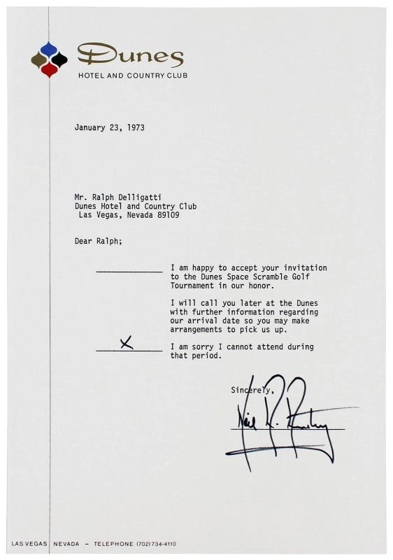 Neil Armstrong Apollo 11 Signed 7.25x10.5 1973 RSVP Letter BAS #AD85205: Condition: Used: An item that has been used previously. ,Autograph Authentication: Beckett,Industry: Space,Original/Reproduction: Original,PRODUCT_COA: Beckett,PRODUCT_SIGNED_BY_NAME: Neil