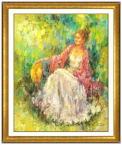 Karin Schaefers Original Female Portrait Painting On Canvas Signed Framed Art: measuring approximately 20" x 16" and 28" x 24" with the high-quality frame