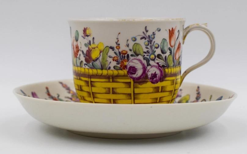 Antique Nymphenburg Cup & Saucer Decorated with Flowers & Basket, Circa 1800 - 2