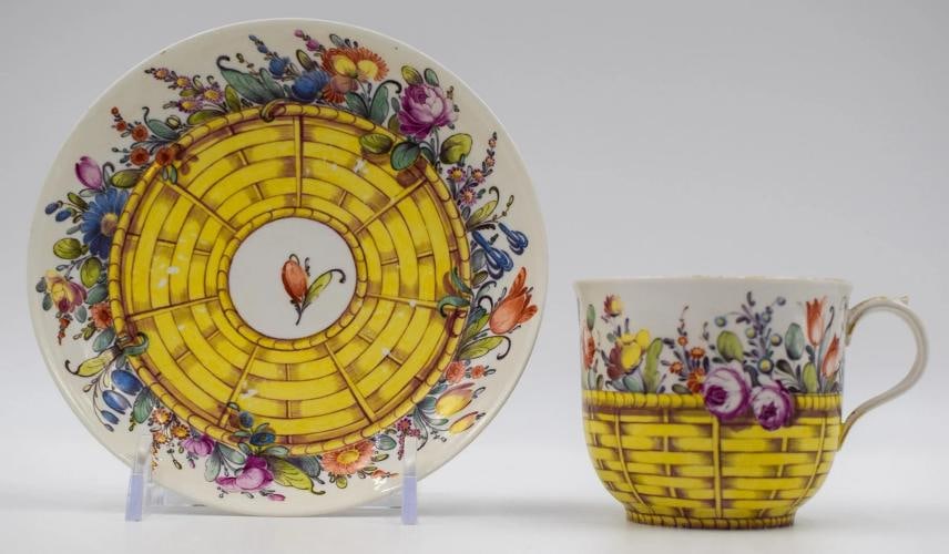 Antique Nymphenburg Cup & Saucer Decorated with Flowers & Basket, Circa 1800 - 3