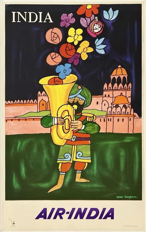 Original Vintage Poster INDIA - AIR INDIA Airline Travel Indian Tourism LINEN: Condition: Used,Type: Poster,Country of Origin: India Condition: Excellent / Very Good * (linen backed; minor edge and corner wear and small tears; some light foxing spots in the bottom left corner ar