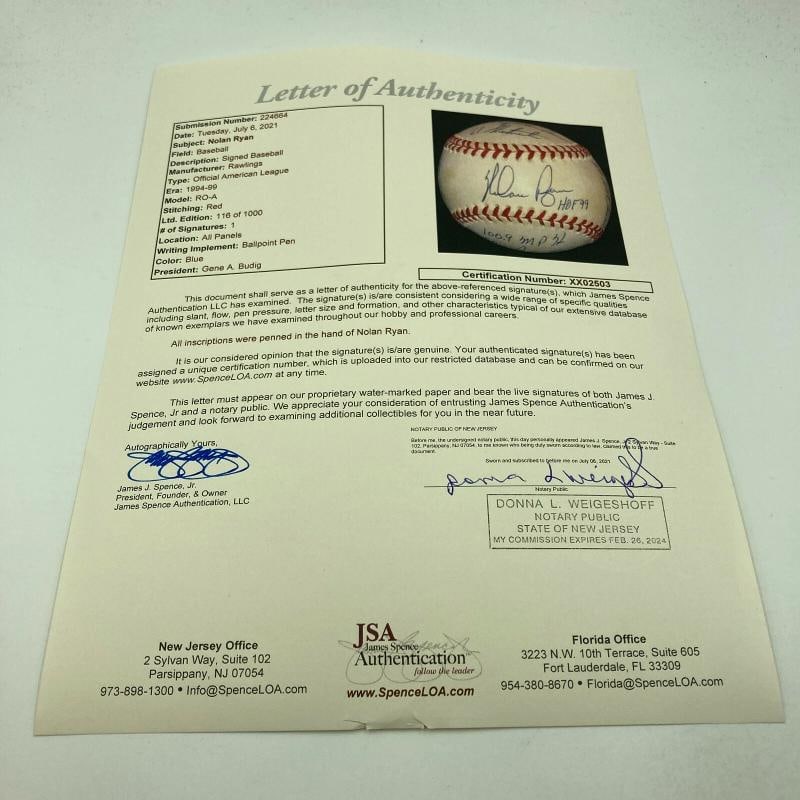 Nolan Ryan Signed Heavily Inscribed STAT American League Baseball JSA COA RARE - 8