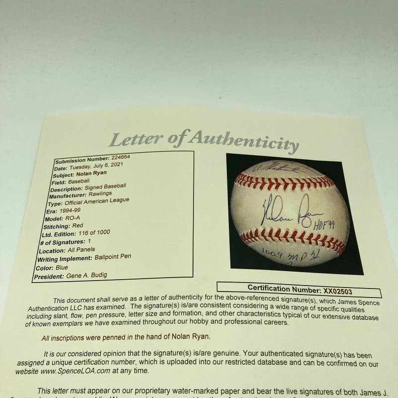 Nolan Ryan Signed Heavily Inscribed STAT American League Baseball JSA COA RARE - 9