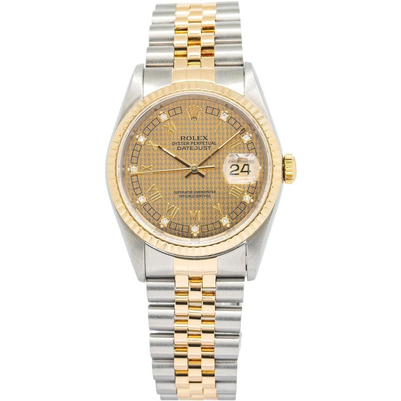 Rolex Datejust 16233 18K YG Factory Champagne Houndstooth Diamond Dial Auto 36mm: Condition: Pre-owned - Good: This item has been gently used but is in good condition. It might have a few signs of wear, like light scratches or tarnishing.. ,Brand: ROLEX,Type: Wristwatches,REFERENCE