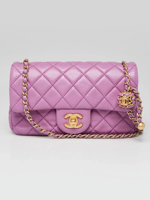 Chanel Purple Quilted Lambskin Leather Pearl Crush Rectangular Mini Flap Bag: Condition: Pre-owned - Good,Brand: Chanel,Exterior Material: Leather,Style: Crossbody Bags,Everyday Bags,Exterior Color: Purple,Department: Women,Country of Origin: Italy Description Go in style with