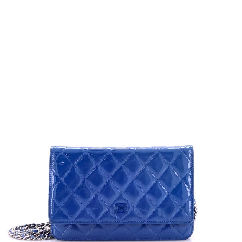 Chanel Wallet on Chain Quilted Patent: Condition: Pre-owned - Good,Brand: Chanel,Exterior Material: Patent Leather,Style: Cross Body Bags,Exterior Color: Blue,Department: Women,Size: Unknown,Accessories: Authenticity Card