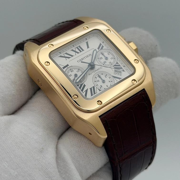 Cartier Santos 100 W20096Y1 2741 41mm Silver Dial Chronograph 18K Yellow Gold - 4