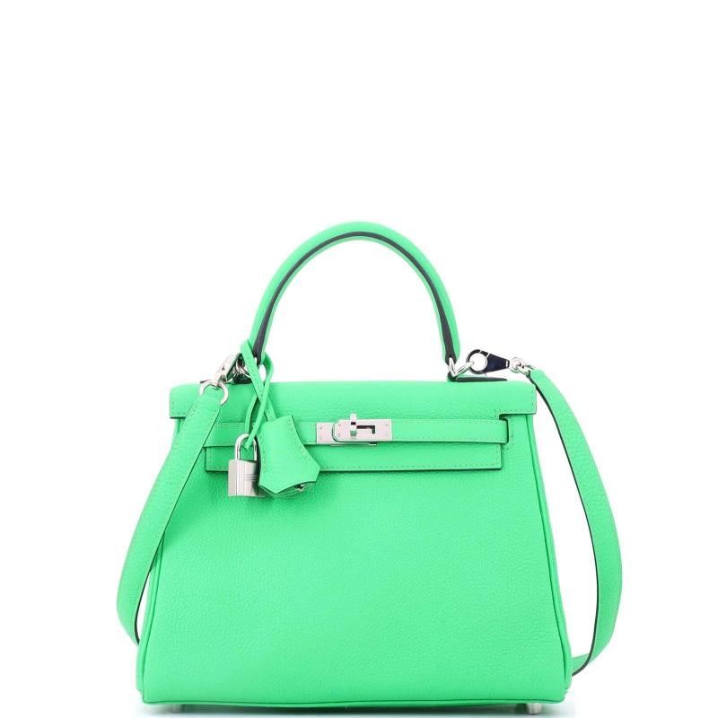 Hermes Kelly Handbag Green Togo with Palladium Hardware 25: Condition: Pre-owned - Excellent,Brand: Hermes,Exterior Material: Leather,Style: Top Handle,Exterior Color: Green,Department: Women,Size: 25,Accessories: Clochette, Box, Keys, Dust Bag, Lock, With