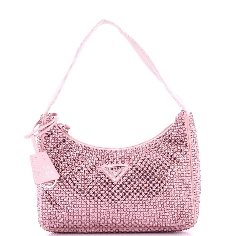 Prada Re-Edition 2000 Hobo Crystal Embellished Satin Mini: Condition: Pre-owned - Good,Brand: Prada,Exterior Material: Crystal, Satin,Style: Hobos,Exterior Color: Pink,Department: Women,Size: Mini,Accessories: Clochette, Dust Bag Estimated Retail Price:
