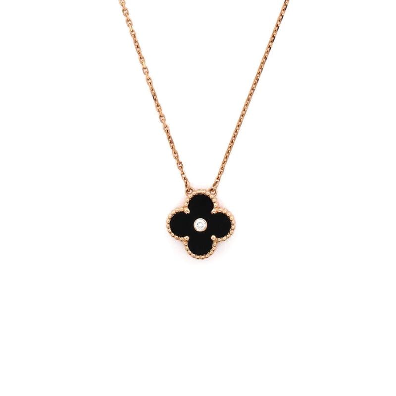 Van Cleef & Arpels Vintage Alhambra Pendant Necklace 18K Rose Gold and Onyx: Measurements: Length: 14.75 - 16.5 ", Pendant Length: 15.20 mm, Pendant Width: 14.90 mm . Condition: Pre-owned - Good,Brand: Van Cleef & Arpels,Main Stone: Onyx,Metal: 18K Rose Gold,Metal Purity: 18K,