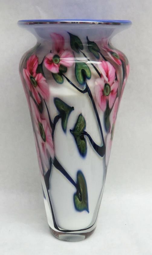 John Lotton Signed Art Glass Vase~(11"H x 5.25" Diameter): Condition: Used,Style: Arts & Crafts,Material: Glass,Theme: Floral & Garden,Pattern: Abstract,Type: Vase,Features: Translucent,Color: Multicolor,Year Manufactured: 1993,Brand: John Lotton,Production S