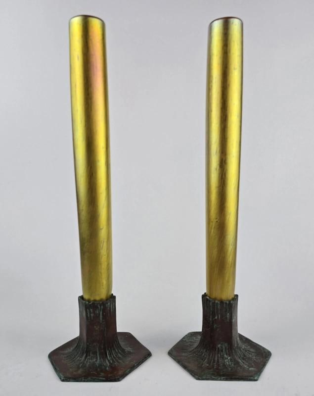 Set Of 2~ TIFFANY STUDIOS GOLD FAVRILLE GLASS VASES~SIGNED~(11.25" x 3.25") - 17
