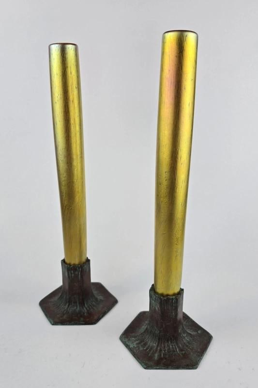Set Of 2~ TIFFANY STUDIOS GOLD FAVRILLE GLASS VASES~SIGNED~(11.25" x 3.25"): Condition: Used: An item that has been used previously. The item may have some signs of cosmetic wear, but is fully operational and functions as intended. This item may be a floor model or store retur