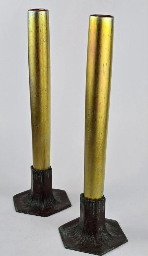 Set Of 2~ TIFFANY STUDIOS GOLD FAVRILLE GLASS VASES~SIGNED~(11.25" x 3.25") - 2
