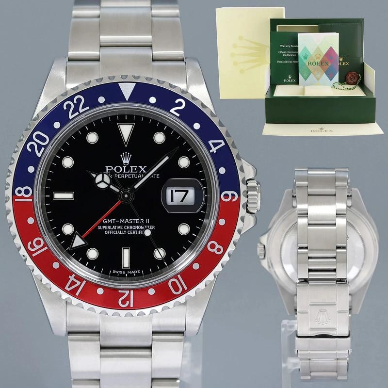 2006 MINT PAPERS Rolex GMT-Master II Pepsi Blue Red Steel Error Stick 16710 40mm: Case & Dial Case Material: Rolex Stainless Steel Case Size: 40mm Bezel: Rolex Red and Blue Pepsi Crystal: Rolex Sapphire Dial: Rolex Black Movement & Bracelet Movement: Rolex Automatic Bracelet