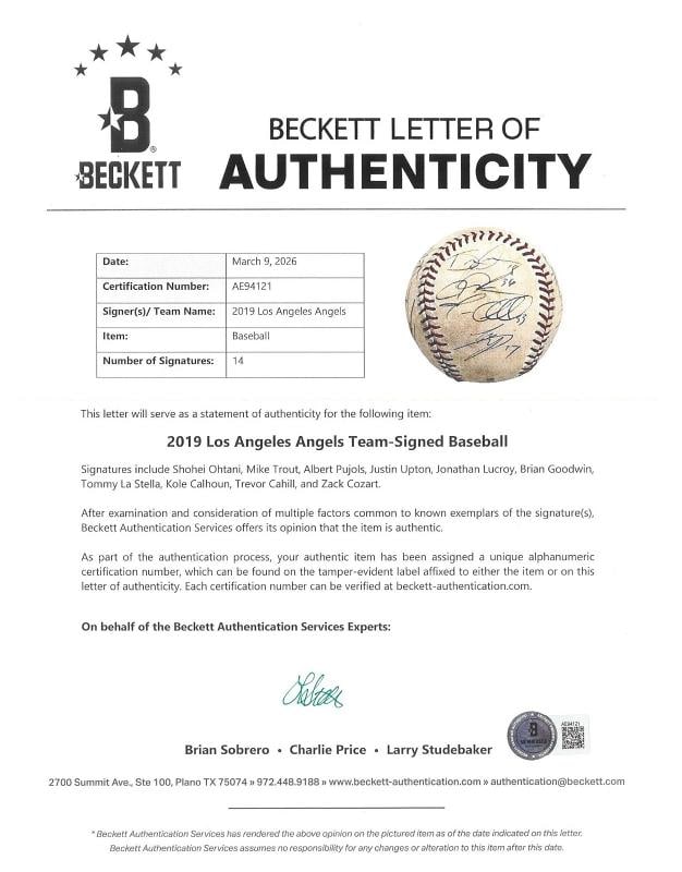 Shohei Ohtani 2019 Los Angeles Angels Team Signed Game Used Baseball Beckett COA - 7