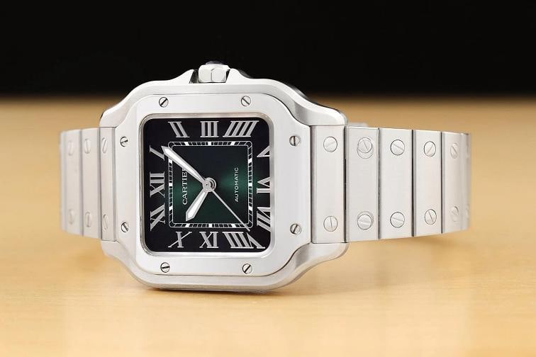 2023 CARD CARTIER SANTOS MEDIUM WSSA0061 41.9MM GREEM ROMAN STEEL WATCH - 2