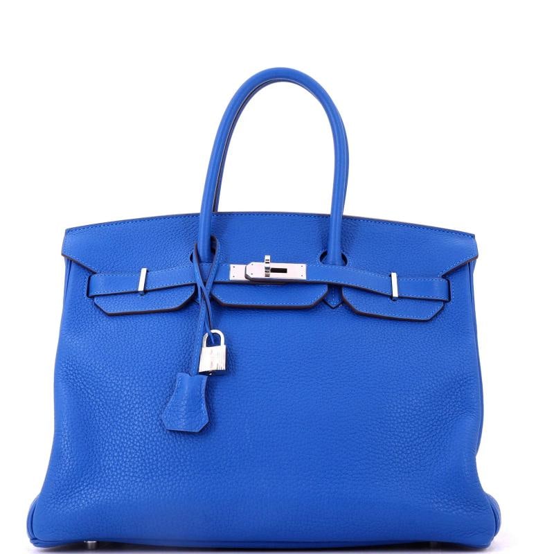 Hermes Birkin Handbag Blue Clemence with Palladium Hardware 35: Accessories: Dust Bag, Lock, Clochette, Keys Measurements: Handle Drop None", Height 10", Width 14", Depth 7", Strap Drop None". Condition: Pre-owned - Good,Brand: Hermes,Exterior Material: Leather,St