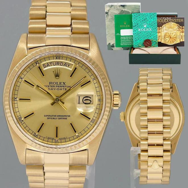 Rolex President Day-Date Champagne Stick 18038 Quickset Yellow Gold Watch Box: Case & Dial Case Material: Rolex Yellow Gold Case Size: 36mm Bezel: Rolex Yellow Gold Fluted Crystal: Rolex Sapphire Dial: Rolex Silver Diamond Movement & Bracelet Movement: Rolex Automatic