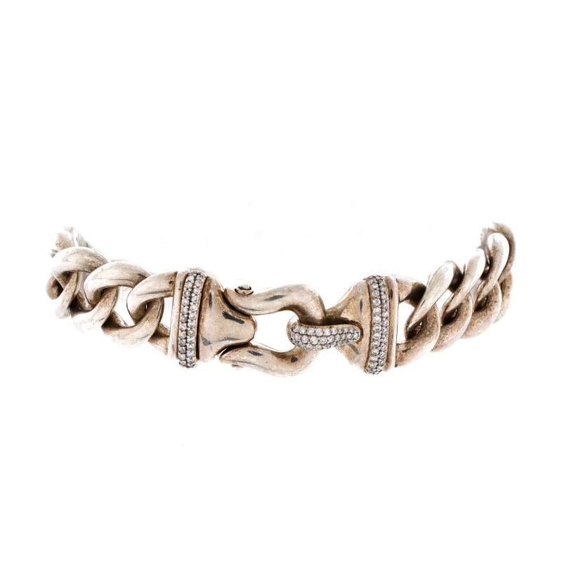 David Yurman Cable Buckle Curb Chain Bracelet Sterling Silver with Diamonds: Measurements: Circumference 6", Width 13.1" . Condition: Pre-owned - Good,Brand: David Yurman,Main Stone: Unknown,Metal: Unknown,Metal Purity: Unknown,Style: Chain,Type: Bracelet,Color: Silver,Materia