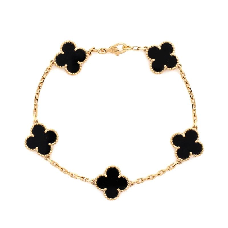 Van Cleef & Arpels Vintage Alhambra 5 Motifs Bracelet 18K Yellow Gold and Onyx: Measurements: Circumference: 7.5 ", Width: 14.95 mm . Condition: Pre-owned - Good,Brand: Van Cleef & Arpels,Main Stone: Onyx,Metal: 18K Yellow Gold,Metal Purity: 18K,Style: Bracelet,Type: Bracelet,Col