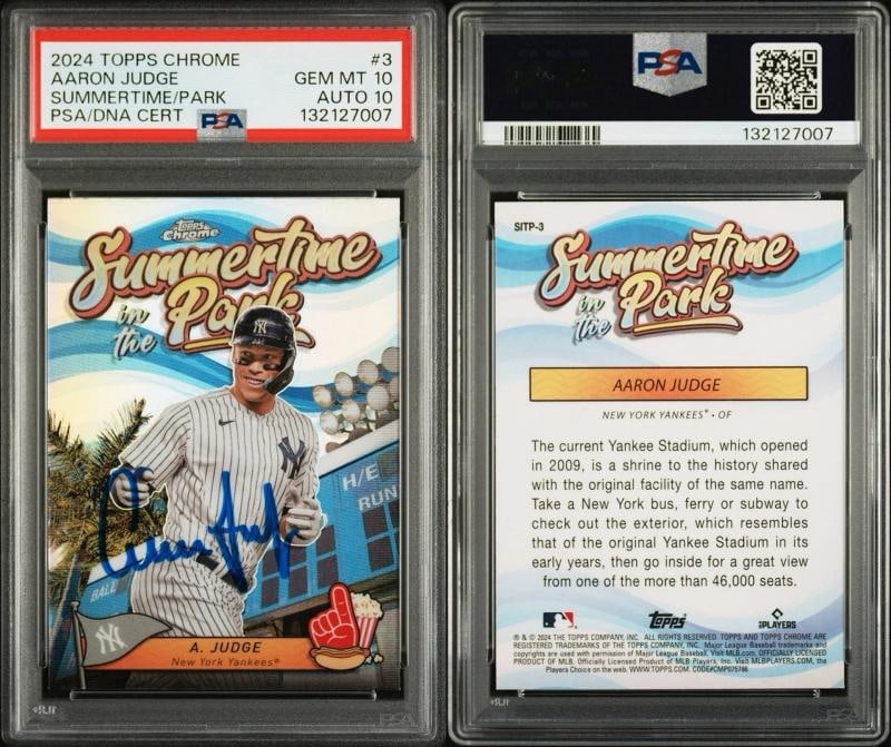 Aaron Judge Autographed 2024 Topps Chrome #SITP-3 Summertime in the Park PSA 10: Condition: Graded - PSA 10: Professionally graded ,Type: Sports Trading Card,Autographed: Yes,Autograph Authentication Number: 132127007,Signed By: aaron judge,Autograph Format: Hard Signed,Autograph