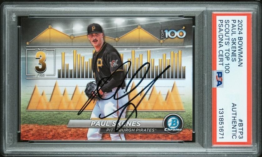 Paul Skenes Autographed 2024 Topps Bowman BTP-3 Scouts Top 100 Auto PSA/DNA: Condition: Graded - PSA Authentic: Professionally graded ,Card Size: Standard,League: Major League Baseball (MLB),Autographed: Yes,Set: 2024 Bowman,Signed By: paul skenes,Autograph Format: Hard