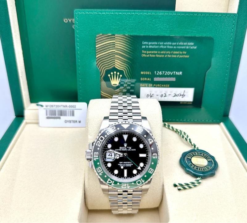2026 Rolex GMT Master II Sprite 126720VTNR 40mm Green and Black Steel Box Papers: Style Number: 126720VTNR Year: 2026 Model: Rolex GMT Master II "SPRITE" Case Material: Stainless Steel Band: Stainless Steel Bezel: Green & Black Ceramic Dial: Black Crystal: Sapphire Case Size: 40mm 