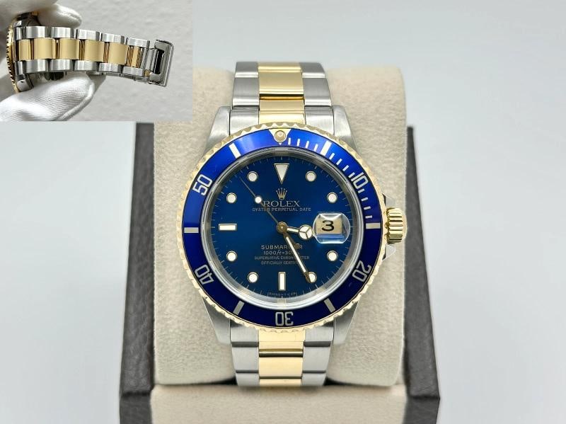 Rolex Submariner Blue 16613 40mm 18K Yellow Gold Stainless Steel: Style Number: 16613 Serial: T216*** Year: 1996 Model: Rolex Submariner Case Material: Stainless Steel Band: 18K Yellow Gold & Stainless Steel Bezel: Blue Dial: Blue Crystal: Sapphire Case Size: 40mm I