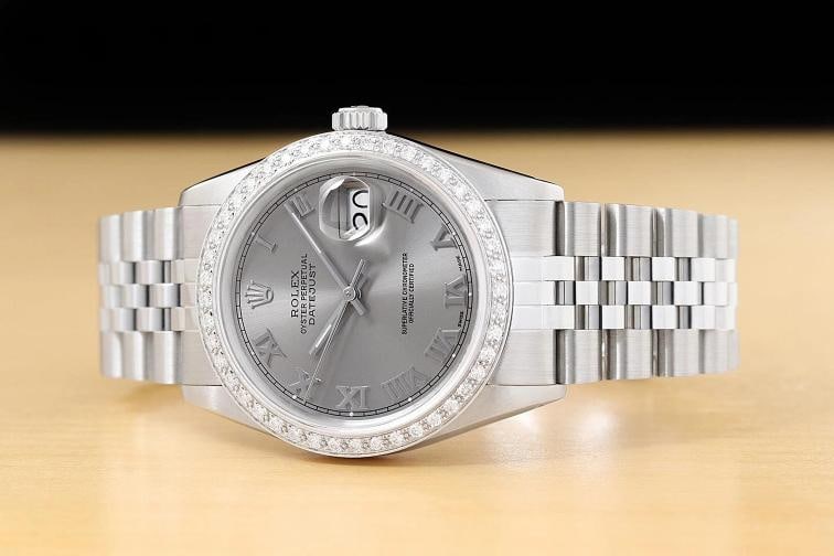 ROLEX MENS DATEJUST 16014 GRAY ROMAN DIAMOND 18K WHITE GOLD STEEL JUBILEE WATCH - 2