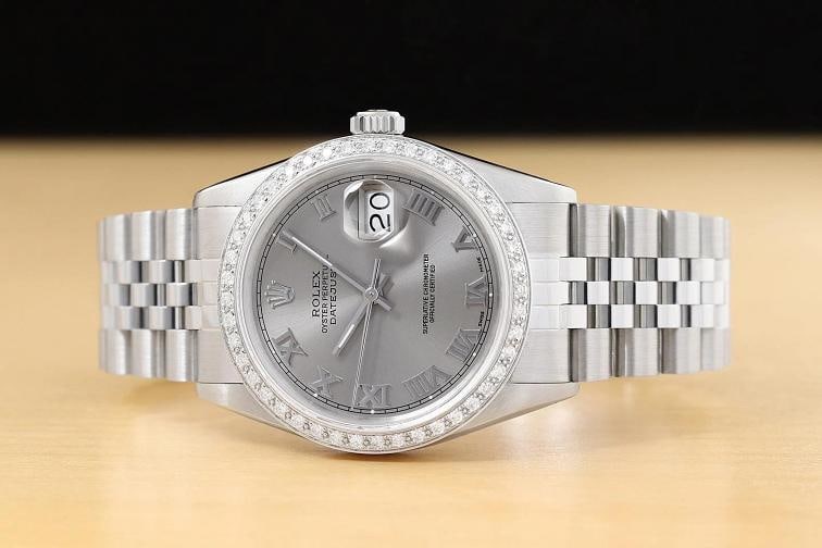 ROLEX MENS DATEJUST 16014 GRAY ROMAN DIAMOND 18K WHITE GOLD STEEL JUBILEE WATCH - 3