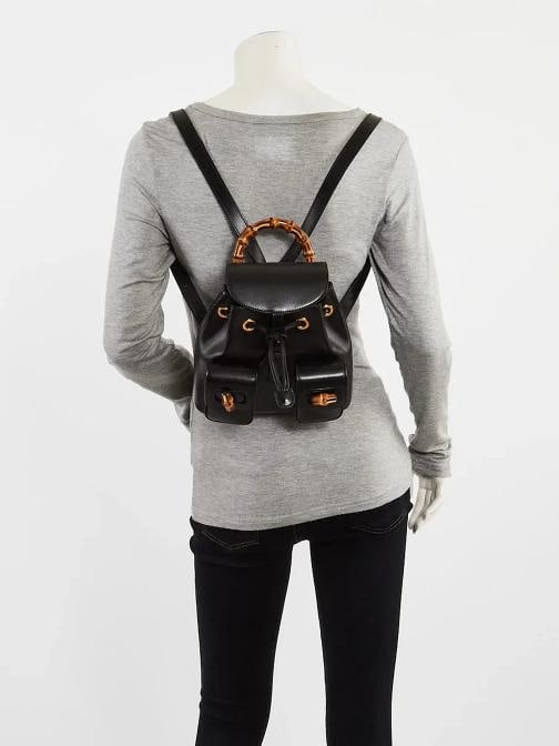 Gucci Black Smooth Leather Bamboo Handle Small Backpack Bag - 2